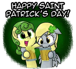 Size: 445x407 | Tagged: safe, artist:zicygomar, derpibooru import, carrot top, derpy hooves, golden harvest, earth pony, pegasus, pony, background pony, cider, cute, cutie top, derpabetes, duo, female, green hair, holiday, mare, saint patrick's day
