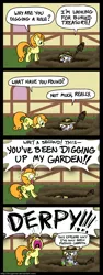 Size: 600x1601 | Tagged: safe, artist:zicygomar, derpibooru import, carrot top, derpy hooves, golden harvest, earth pony, pegasus, pony, unicorn, background pony, carrot top is not amused, comic, digging, duo, female, hat, hole, mare, shovel