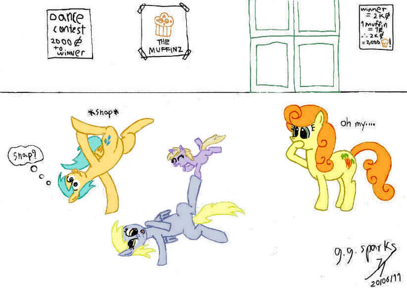 Size: 822x583 | Tagged: safe, artist:gogglesparks, derpibooru import, carrot top, derpy hooves, dinky hooves, golden harvest, sunshower raindrops, pegasus, pony, dancing, female, mare