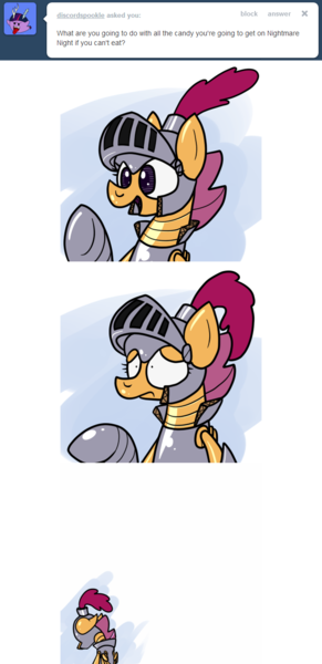 Size: 640x1320 | Tagged: armor, artist:putuk, ask, costume, derpibooru import, fantasy class, knight, nightmare night, robot, safe, scootabot, scootaloo, tumblr, warrior