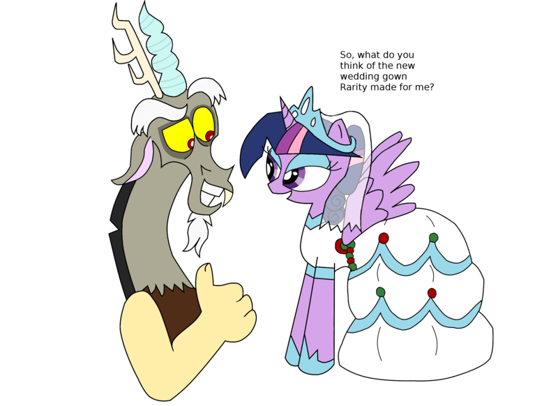 Size: 2750x2001 | Tagged: safe, artist:lorettafox, derpibooru import, discord, twilight sparkle, twilight sparkle (alicorn), alicorn, pony, clothes, discolight, dress, eyeshadow, female, high res, makeup, male, shipping, straight, wedding dress