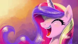 Size: 1920x1080 | Tagged: adorkable, artist:kp-shadowsquirrel, cute, cutedance, derpibooru import, dork, eyes closed, happy, laughing, missing accessory, princess cadance, safe, solo, wallpaper