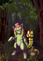 Size: 1239x1753 | Tagged: safe, artist:lexx2dot0, derpibooru import, granny smith, pony, timber wolf, action pose, apple, bipedal, everfree forest, forest, prehensile tail, scenery, young granny smith, younger, zap apple