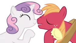 Size: 1280x723 | Tagged: safe, artist:joedash, derpibooru import, big macintosh, sweetie belle, earth pony, pony, lip bite, male, nuzzling, shipping, simple background, stallion, straight, sweetiemac, transparent background, vector