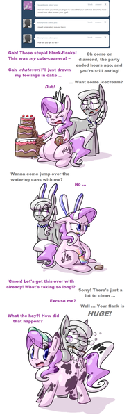 Size: 954x3032 | Tagged: artist:secretgoombaman12345, ask, ask chubby diamond, bunny ears, cake, derpibooru import, diamond tiara, fat, safe, silver spoon, tumblr, zap apple jam