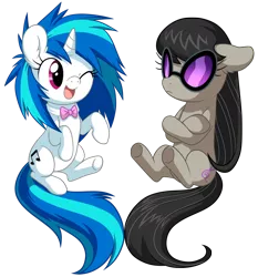 Size: 800x857 | Tagged: accessory swap, artist:miikanism, chibi, crossed arms, cute, deal with it, derpibooru import, frown, messy mane, octavia melody, one eye closed, open mouth, safe, simple background, sitting, smiling, transparent background, vinyl scratch