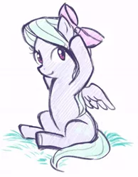 Size: 437x562 | Tagged: artist:angeban, blank flank, bow, derpibooru import, female, filly, flitter, hair bow, looking at you, safe, simple background, sitting, sketch, smiling, solo, spread wings, underhoof, white background, wings