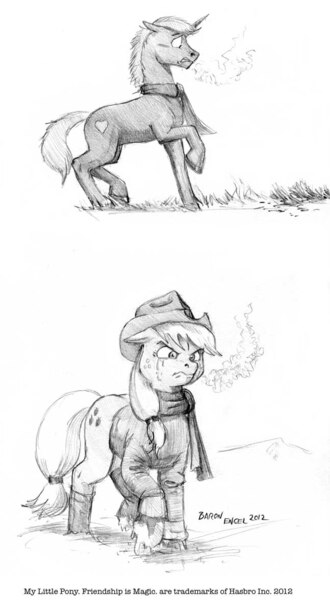 Size: 647x1175 | Tagged: applejack, artist:baron engel, blood on the floor, clothes, derpibooru import, grayscale, monochrome, oc, pencil drawing, safe, scarf, traditional art