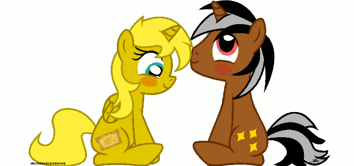 Size: 700x329 | Tagged: safe, artist:template93, derpibooru import, oc, oc:star sparkler, oc:ticket, unofficial characters only, alicorn, pony, unicorn, alicorn oc, animated, blushing, cute, female, kissing, male, shipping, shy, straight, ticketsparkler