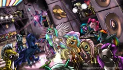 Size: 5000x2857 | Tagged: safe, artist:alexmakovsky, derpibooru import, apple bloom, applejack, carrot cake, cup cake, derpy hooves, discord, fluttershy, gummy, lyra heartstrings, pinkie pie, princess celestia, princess luna, rainbow dash, rarity, rocky, trixie, twilight sparkle, vinyl scratch, alligator, earth pony, pegasus, pony, unicorn, applejack's hat, balloon, cape, clothes, cowboy hat, dancing, disco, disco ball, female, filly, glasses, hat, male, mare, nightclub, party hat, royal guard, stallion, trixie's cape