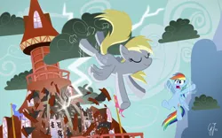 Size: 1920x1200 | Tagged: safe, artist:glancojusticar, derpibooru import, derpy hooves, rainbow dash, pegasus, pony, the last roundup, bucking, cloud, cloudy, deleted scene, duo, eyes closed, female, lightning, mare, ponyville, ponyville town hall, scene interpretation, stormcloud, town hall