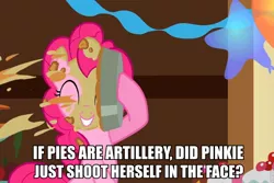 Size: 960x640 | Tagged: a bird in the hoof, caption, derpibooru import, headcanon, image macro, meta, pie, pinkie pie, safe, screencap