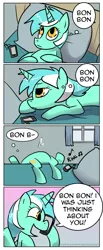 Size: 664x1606 | Tagged: dead source, safe, artist:shufflestripes, derpibooru import, lyra heartstrings, pony, unicorn, bed, comic, female, implied bon bon, lesbian, lyrabon, phone, shipping, solo