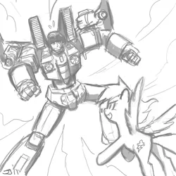 Size: 900x900 | Tagged: artist:johnjoseco, clash of hasbro's titans, crossover, derpibooru import, fight, grayscale, monochrome, puzzled, rainbow dash, safe, shocked, starscream, starscream vs rainbow dash, transformers