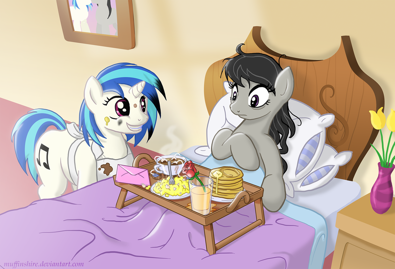 Size: 2060x1400 | Tagged: safe, artist:muffinshire, derpibooru import, octavia melody, vinyl scratch, earth pony, pony, unicorn, apron, bed, breakfast, breakfast in bed, breakfast is ruined, clothes, cute, egg shells, female, flower, juice, lesbian, mare, orange juice, pancakes, rose, scratchtavia, shipping, smiling, tea, vest, vinylbetes, you tried