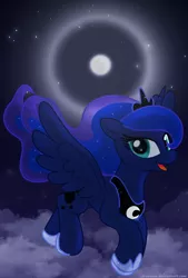 Size: 688x1018 | Tagged: safe, artist:bswprecious, derpibooru import, princess luna, cloud, cloudy, flying, moon, night, solo