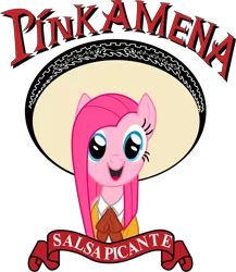 Size: 1999x2306 | Tagged: artist:ahumeniy, derpibooru import, hot sauce, logo, parody, pinkamena diane pie, pinkie pie, safe, salsa, sombrero, tapatio hot sauce