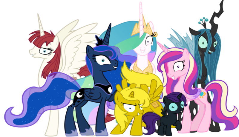 Size: 900x516 | Tagged: safe, derpibooru import, princess cadance, princess celestia, princess luna, queen chrysalis, oc, oc:fausticorn, oc:nyx, oc:ticket, alicorn, pony, princess molestia, alicorn oc, decadence, lauren faust, lunaughty, rapeface, simple background, transparent background