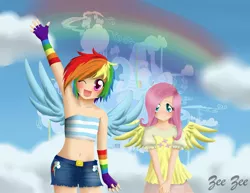 Size: 3299x2549 | Tagged: artist:zeezeepearl, bandeau, belly button, blushing, breasts, clothes, cloud, cloudsdale, cloudy, delicious flat chest, derpibooru import, flattershy, fluttershy, high res, humanized, midriff, rainbow, rainbow dash, safe, skirt, winged humanization, young, younger