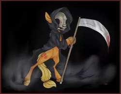 Size: 1800x1400 | Tagged: semi-grimdark, artist:xenon, derpibooru import, applejack, pony, bipedal, blood, grim reaper, scythe, skull, solo, weapon