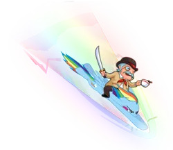 Size: 809x700 | Tagged: artist:elbruno3593, britain, british, crossover, derpibooru import, henry hatsworth, henry hatsworth in the puzzling adventure, human, rainbow dash, riding, safe, simple background, sonic rainboom, sword, tea, tea time, transparent background, vector