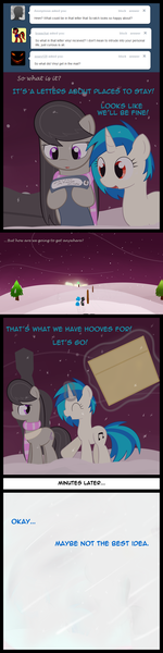 Size: 730x2912 | Tagged: safe, artist:erthilo, derpibooru import, octavia melody, vinyl scratch, earth pony, pony, unicorn, ask octavia, ask, blizzard, christmas arc, clothes, comic, duo, duo female, female, letter, levitation, magic, mare, scarf, snow, snowfall, tumblr