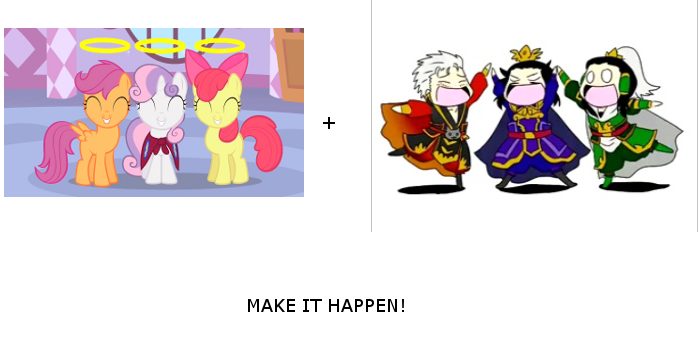 Size: 700x350 | Tagged: all caps, apple bloom, cao cao, derpibooru import, dynasty warriors, exploitable meme, liu bei, make it happen, meme, meta, safe, scootaloo, sun jian, sweetie belle