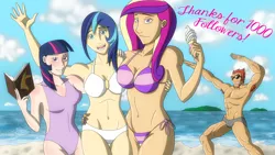 Size: 1920x1080 | Tagged: artist:atomic-chinchilla, ask female shining armor, beach, bikini, breasts, busty princess cadance, busty twilight sparkle, cleavage, clothes, derpibooru import, female, gleaming shield, humanized, ice cream, nail polish, oc, oc:captain nightshade, one-piece swimsuit, princess cadance, rule 63, shining armor, suggestive, sunburn, swimsuit, twilight sparkle