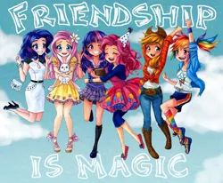 Size: 900x741 | Tagged: applejack, artist:semehammer, clothes, cute, derpibooru import, dress, fluttershy, human, humanized, mane six, pinkie pie, rainbow dash, rarity, safe, skirt, twilight sparkle