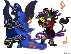 Size: 900x675 | Tagged: safe, artist:aa, derpibooru import, king sombra, nightmare moon, pony, unicorn, bipedal, claws, clothes, dancing, dress, duo, ethereal mane, female, king sombrero, male, maracas, mare, music notes, musical instrument, shipping, sombramoon, sombrero, stallion, starry mane, straight