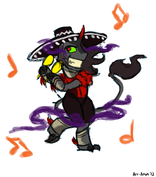 Size: 596x675 | Tagged: safe, artist:aa, derpibooru import, king sombra, pony, umbrum, unicorn, the crystal empire, spoiler:s03, bipedal, claws, clothes, cute, dancing, king sombrero, looking at you, male, maracas, music notes, musical instrument, simple background, smiling, solo, sombra eyes, sombradorable, sombrero, stallion, white background