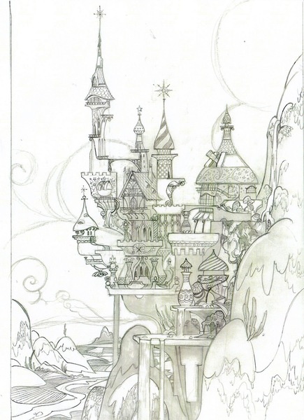 Size: 1159x1600 | Tagged: architecture, artist:davedunnet, beautiful, canterlot, canterlot castle, castle, concept art, derpibooru import, grayscale, monochrome, no pony, official art, pencil drawing, ponibooru import, safe, scenery, traditional art, waterfall