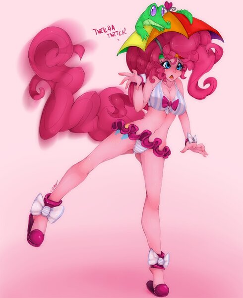 Size: 808x989 | Tagged: anklet, artist:slugbox, attached skirt, belly button, bikini, bow, bow swimsuit, bracelet, breasts, busty pinkie pie, cleavage, clothes, derpibooru import, female, frilled swimsuit, gummy, hat, humanized, pinkie pie, pinkie sense, pony coloring, questionable, ribbon, skirt, slippers, solo, solo female, striped swimsuit, swimsuit, tailed humanization, tricolor swimsuit, umbrella hat, underass