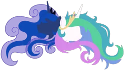 Size: 1429x817 | Tagged: safe, artist:cuttycommando, derpibooru import, princess celestia, princess luna, alicorn, pony, bust, female, horn, jewelry, lineless, mare, minimalist, no eyes, portrait, profile, regalia, simple background, tiara, transparent background