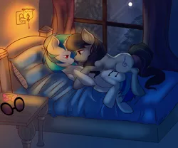 Size: 1134x944 | Tagged: safe, artist:si1vr, derpibooru import, octavia melody, vinyl scratch, earth pony, pony, unicorn, bed, bowtie, female, lamp, lesbian, mare, moon, night, red eyes, scratchtavia, shipping, sunglasses, unworn accessory