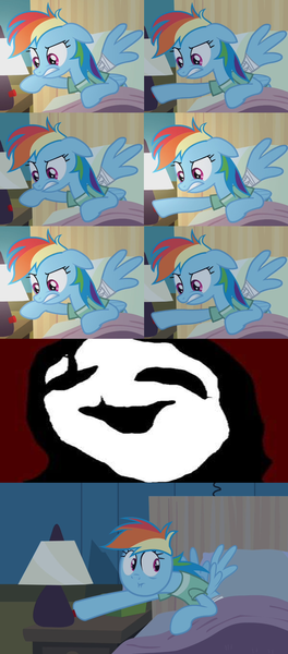 Size: 1199x2722 | Tagged: bandage, bed, comic, derpibooru import, edit, edited screencap, faic, hospital bed, hospital gown, lamp, light switch, oops, rainbow dash, read it and weep, safe, scared, screencap, screencap comic, solo, uboa, yume nikki