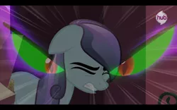 Size: 1440x900 | Tagged: safe, derpibooru import, screencap, king sombra, sapphire joy, crystal pony, pony, season 3, the crystal empire, spoiler:s03, cringing, disembodied eyes, eyes, eyes closed, female, hub logo, mare