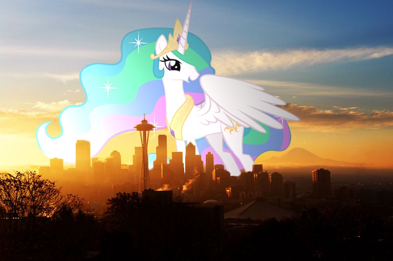 Size: 800x533 | Tagged: safe, artist:destructodash, derpibooru import, princess celestia, pony, giant pony, irl, macro, photo, ponies in real life, seattle, sunrise, vector