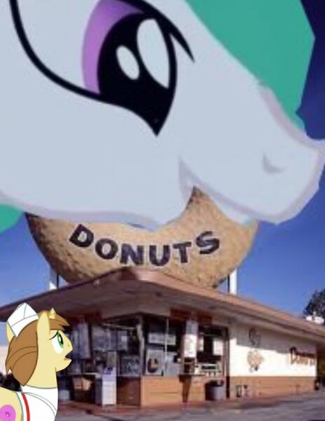 Size: 1020x1320 | Tagged: safe, artist:oceanrailroader, derpibooru import, donut joe, princess celestia, pony, donut, donut shop, giant pony, giantlestia, irl, macro, photo, ponies in real life, titan, vector