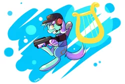 Size: 1236x836 | Tagged: safe, artist:haute-claire, derpibooru import, lyra heartstrings, pony, unicorn, cap, clothes, commission, female, grin, hat, headset, mare, smiling, team fortress 2, weapon