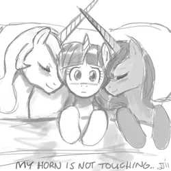 Size: 900x900 | Tagged: artist:johnjoseco, bed, derpibooru import, female, grayscale, horns are touching, lesbian, monochrome, princess celestia, princess luna, s1 luna, shipping, sleeping, suggestive, twilestia, twilight sparkle, twiluna, twilunestia