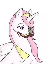 Size: 2550x3300 | Tagged: safe, artist:mistylake, derpibooru import, discord, princess celestia, biting, dislestia, female, high res, male, micro, shipping, size difference, straight, tiny