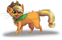 Size: 5000x3230 | Tagged: safe, artist:rizusaur, derpibooru import, applejack, cat, catified, cowboy hat, cute, cute little fangs, fangs, female, fluffy, hat, open mouth, paws, simple background, solo, species swap, transparent background, wingding eyes