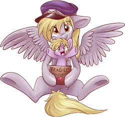 Size: 666x623 | Tagged: safe, artist:fizzy-dog, derpibooru import, derpy hooves, dinky hooves, pegasus, pony, cute, derpabetes, dinkabetes, equestria's best mother, female, filly, hat, heart, looking at you, mail, mare, open mouth, package, simple background, sitting, transparent background