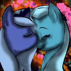 Size: 500x500 | Tagged: artist:hotpinkponygurl, derpibooru import, female, happy, kissing, lesbian, luxie, princess luna, safe, shipping, smiling, trixie