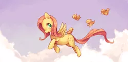 Size: 4000x1930 | Tagged: safe, artist:mewitti, artist:mewkitty, derpibooru import, fluttershy, bird, pegasus, pony, cloud, female, flying, looking back, mare, smiling