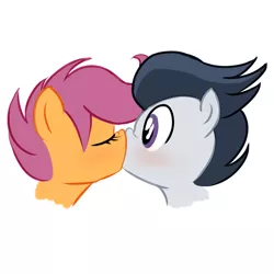 Size: 1024x1024 | Tagged: source needed, safe, artist:sunibee, derpibooru import, rumble, scootaloo, blushing, boop, bust, cute, eyes closed, female, kissing, love, male, nose wrinkle, noseboop, portrait, profile, rumbloo, shipping, straight, surprise kiss, surprised, wide eyes
