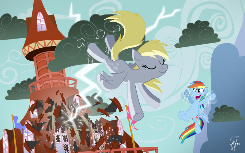 Size: 1920x1200 | Tagged: safe, artist:glancojusticar, derpibooru import, edit, derpy hooves, rainbow dash, pegasus, pony, the last roundup, bucking, cloud, cloudy, deleted scene, destruction, duo, eyes closed, female, inverted mouth, lightning, mare, ponyville, ponyville town hall, scene interpretation, stormcloud, town hall