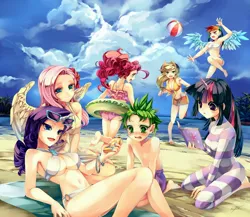 Size: 2000x1733 | Tagged: suggestive, artist:soukitsubasa, derpibooru import, applejack, fluttershy, pinkie pie, rainbow dash, rarity, spike, twilight sparkle, human, absolute cleavage, alternative cutie mark placement, armpits, barefoot, beach, beach ball, beautiful, belly button, big breasts, bikini, blushing, bocas top, book, breasts, busty applejack, busty fluttershy, busty rarity, busty twilight sparkle, cleavage, clothes, cutie mark swimsuit, daisy dukes, delicious flat chest, feet, female, frilled swimsuit, front knot midriff, horned humanization, humanized, jeweled swimsuit, male, mane seven, mane six, midriff, nail polish, nudity, o-ring swimsuit, orange swimsuit, pink swimsuit, pixiv, purple swimsuit, rainbow flat, shipping, shorts, small breasts, sparity, straight, striped swimsuit, sunglasses, swimming trunks, swimsuit, underboob, wetsuit, white swimsuit, winged humanization, wings, yellow swimsuit