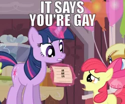 Size: 784x652 | Tagged: apple bloom, derpibooru import, image macro, it says you're gay, lol, meme, safe, twilight sparkle, wat